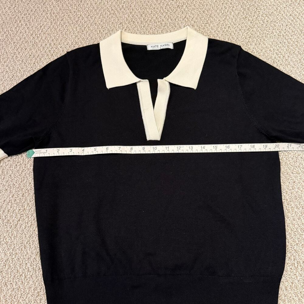 Kate Kasin Black White Contrast Collar Knit Polo Sweater Top Womens M - Picture 2 of 7